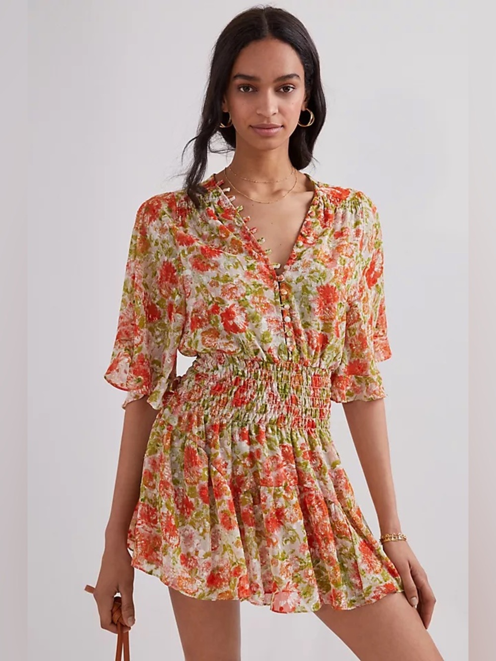 🌺 MISA x ANTHROPOLOGIE Romantic Flutter Sleeved Floral Mini Dress. Size SMALL